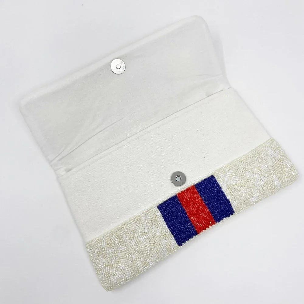 Gold & Pink Bee on Ivory Blue Red Stripe Beaded Clutch